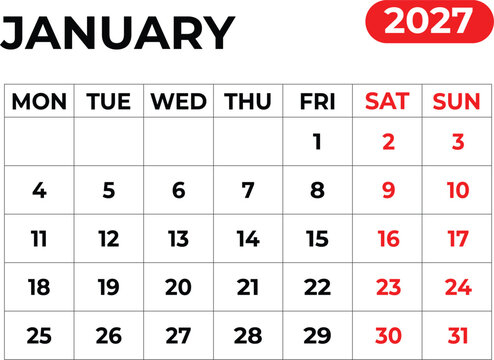 January 2027 Monthly Calendar with Sunday Start Printable Calendar