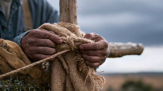 Scarecrow builder's hands close up against a brooding overcast field sky, rough fingers tying burlap around a wooden cross frame, the rural agricultural craft of bird deterrence