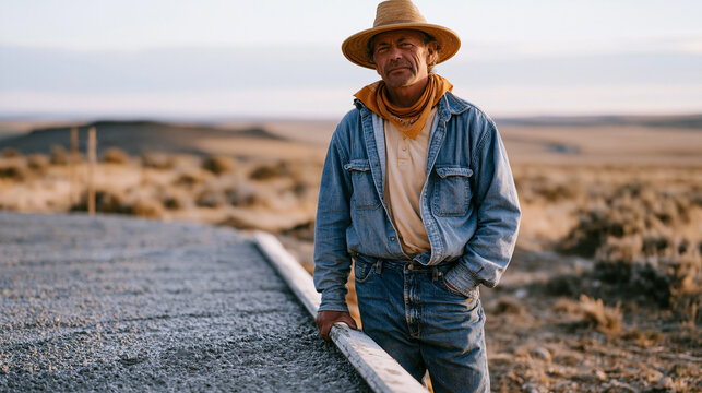Concrete construction worker in a quiet rural field overseeing a residential slab pour, the single professional standing at the edge of freshly leveled concrete with a screed
