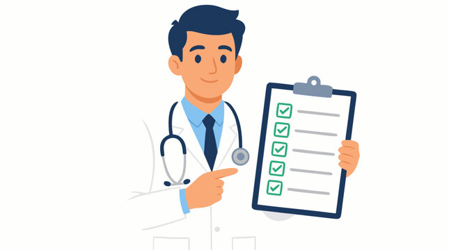 Professional male doctor in white coat with stethoscope holding clipboard with green checkmarks indicating completed medical checklist and healthcare assessment in modern bold flat vector