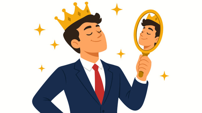 Proud businessman in navy suit admiring his reflection in golden mirror, wearing glowing royal crown with sparkling stars surrounding, representing narcissism and success concept illustration