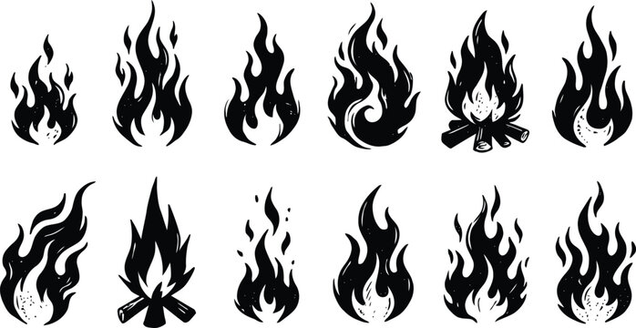 Set of hand drawn fire flames