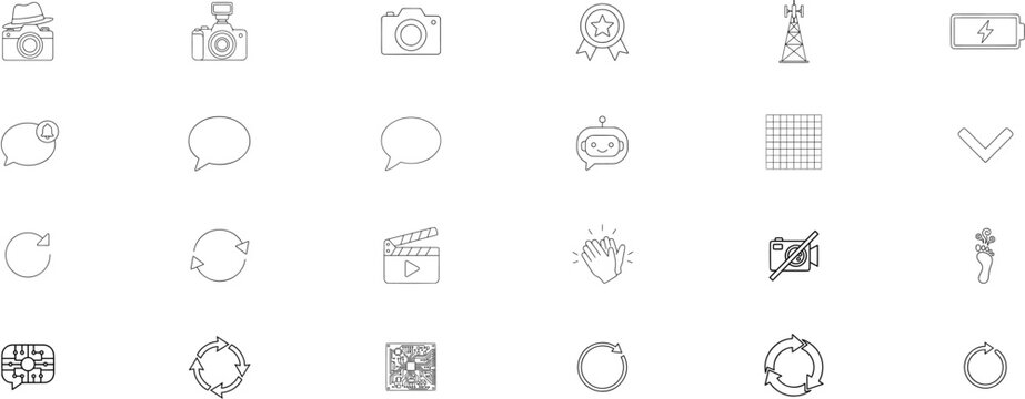 24 Hand-Traced Minimalist Vector Icon Collection Bundle: Clean Bold Outline Line Art Icons Covering Tech, Communication, Film, Sustainability, UI Design, Navigation, Single EPS File