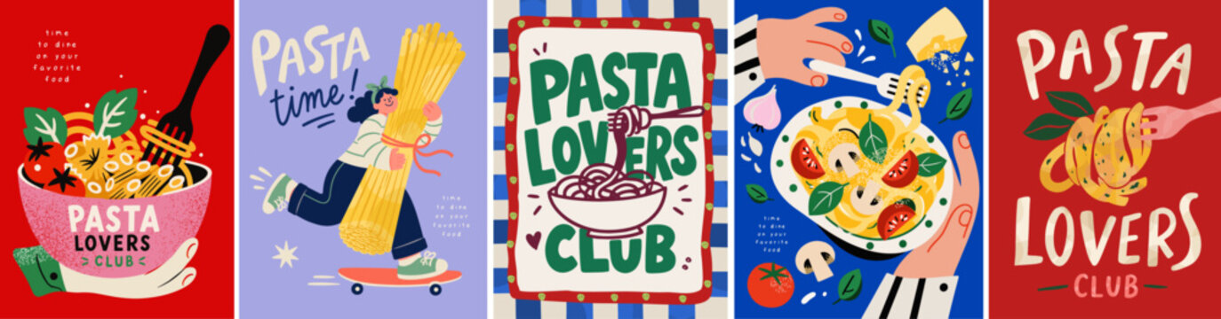 Pasta lovers club poster. Vector illustrations of spaghetti, plate, fork, tomatoes, character on a skateboard, cooking hands and playful typography for Italian food, restaurant, menu, wall art