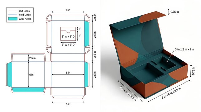 Detailed dimensional illustration of custom box template with measurements