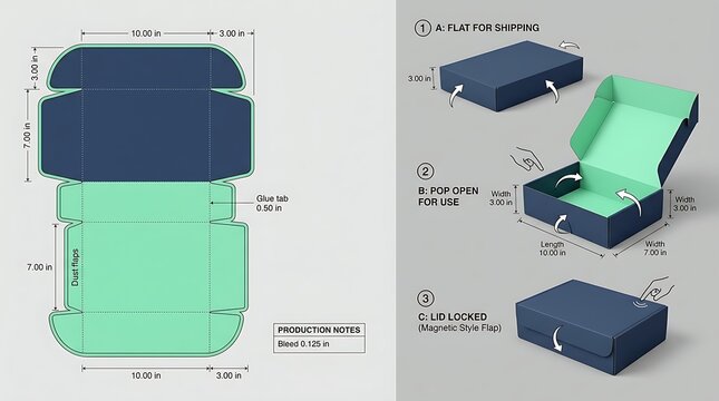 Detailed dimensional illustration of custom rectangular box packaging components and assembly instructions