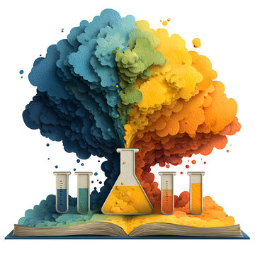 Abstract scientific illustration of colorful chemical flasks under a vibrant tree explosion on handmade paper