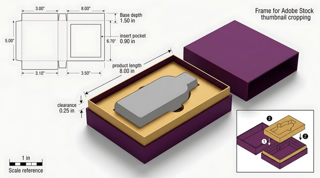 Detailed technical drawing of purple gift box with dimensions and product insert