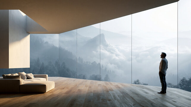 Man Contemplating Mountain Vista from Modern Minimalist Interior