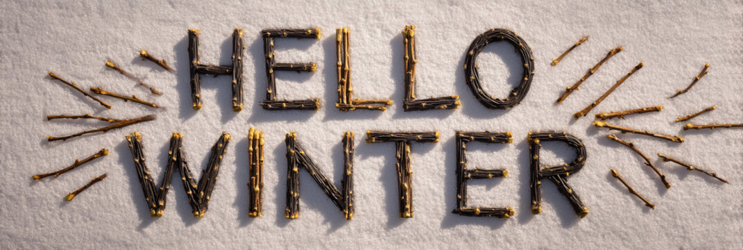 Snow-covered ground spells 'Hello Winter' with golden twig letters. Sunlight highlights textured snow surface. Warm, festive mood welcomes seasonal change. Ideal for holiday cards, seasonal ads