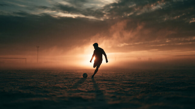 Soccer Player Kicking Ball at Sunset