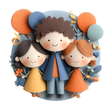 Handcrafted paper pop-up family of three children hugging with colorful balloons in festive setting