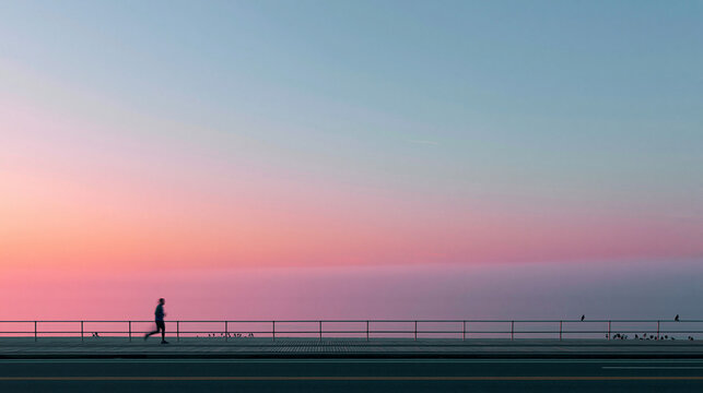 Solitary Runner Jogging Along Waterfront Pier at Sunset