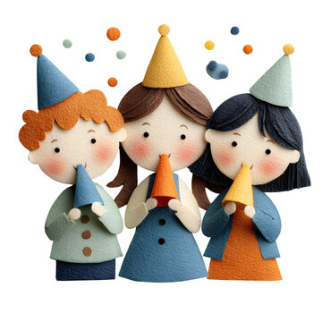 Three handmade paper pop-up children blowing party horns in celebratory party setting with clean white background