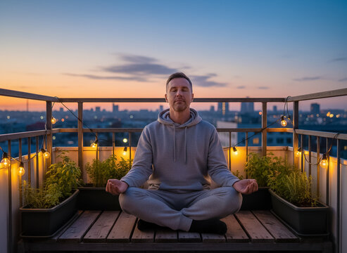 Hombre practicando respiraci&oacute;n consciente en balc&oacute;n urbano al atardecer