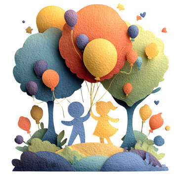 Two children holding colorful balloons flying together in whimsical park setting with soft pastel lighting