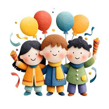 Three cheerful children in colorful winter coats holding party balloons and streamers for celebration event