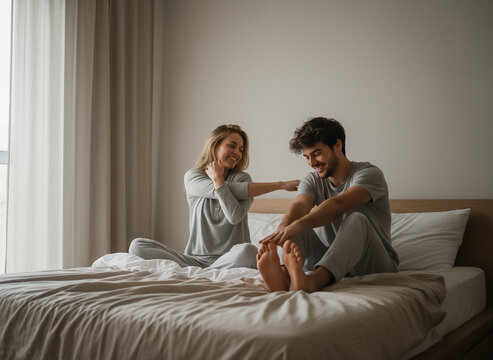 Pareja joven estirando en dormitorio con luz de ventana al despertar