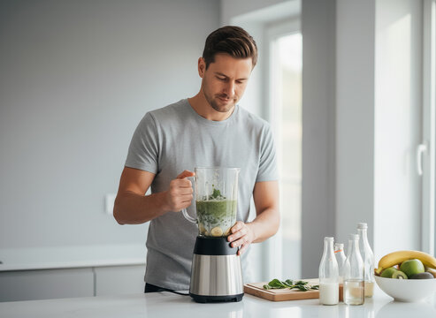 Hombre preparando batido verde en cocina minimalista al amanecer