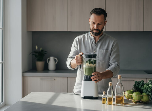 Hombre preparando batido verde en cocina minimalista al amanecer