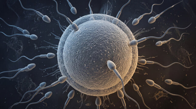 Medical fertility background showing sperm cells surrounding a mature egg cell, conception, reproductive healthcare, embryology, biotechnology and clinical laboratory science