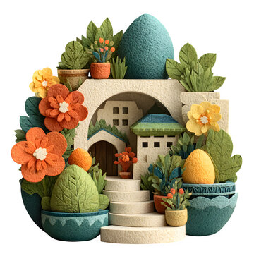 Handcrafted paper pop-up village model with vibrant flowers and greenery for creative decor