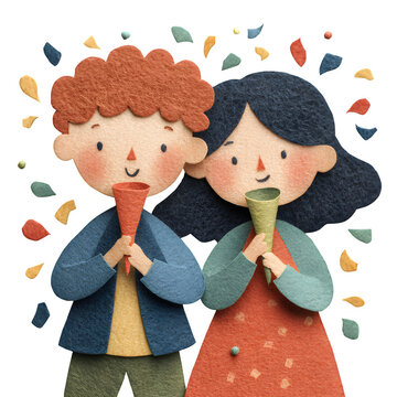 Cartoon children playing musical instruments with confetti in cheerful studio setting