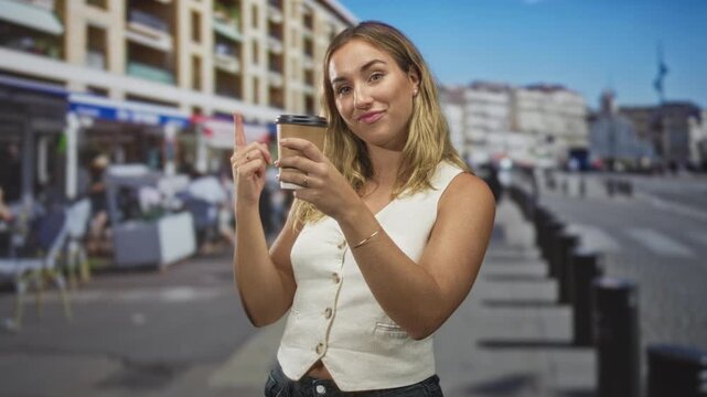 Woman holding takeaway coffee cup, smiling and pointing finger toward camera on busy street cafe row; confidence casual morning.
