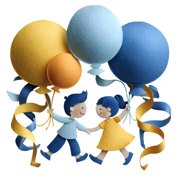 Two young children holding hands while walking under colorful balloons in a bright indoor setting with copy space