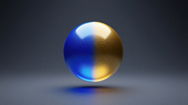 Floating sphere represents quantum superposition state in dark space. Half blue half gold orb glows with metallic texture, translucent surface. Abstract futuristic object particle physics model