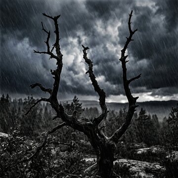 Spooky dead bare tree trunk under dark dramatic storm clouds in wilderness