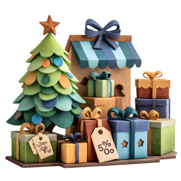 Handcrafted paper christmas gifts and tree display for holiday marketing materials