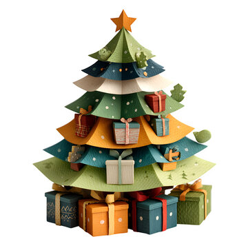 Handcrafted paper pop-up Christmas tree with gift boxes arranged as holiday decoration