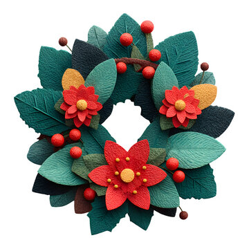 Handcrafted felt christmas wreath with poinsettia and berries for holiday decorating