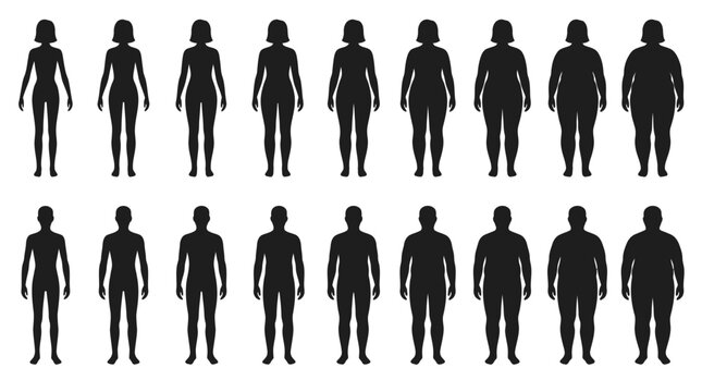 Multiple black silhouettes showing diverse human body shapes and weight variations isolated on white background