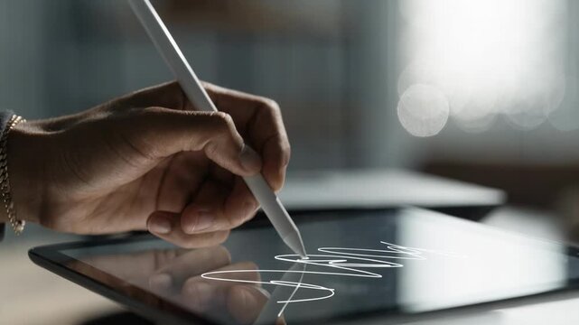 Closeup of digital signature on tablet screen for enrolling in debt management plan foreground crisp with stylus in motion background softly blurred.