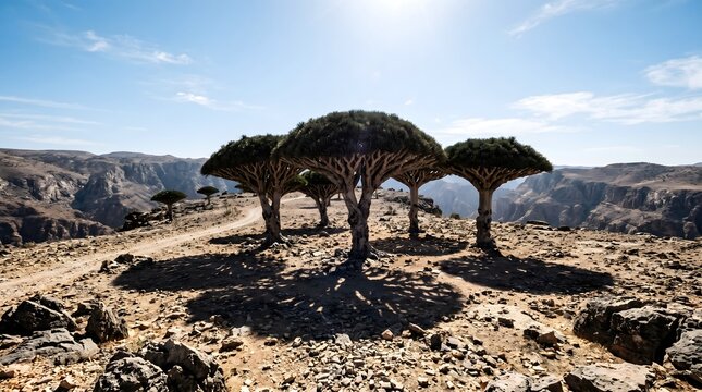 Bizarre umbrella shaped dragon blood trees standing on a harsh rocky desert plateau