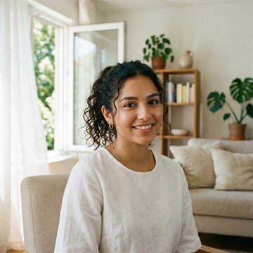 Smiling young woman sitting in cozy bright living room with window light