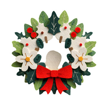 Handcrafted felt Christmas wreath with red velvet bow and floral accents for holiday decor