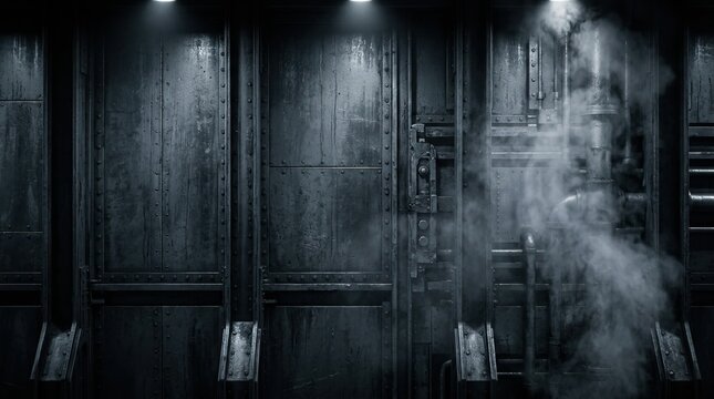 Dark industrial background with old metallic wall pipes and smoke