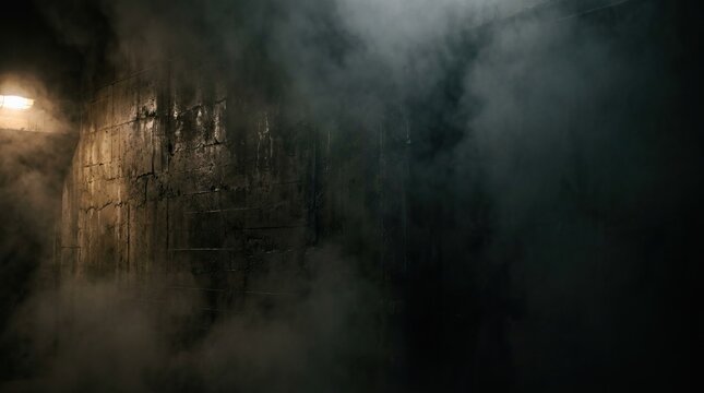Dark industrial background with old metallic wall pipes and smoke