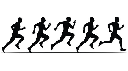 Obraz premium Five black silhouettes of muscular men running in a sequence across a clean white isolated background