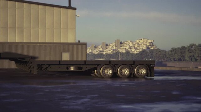 flatbed trailer beside warehouse at dusk, grainy cinematic shot of empty chassis on wet asphalt, quiet freight yard awaiting overnight pickup by logistics crew,