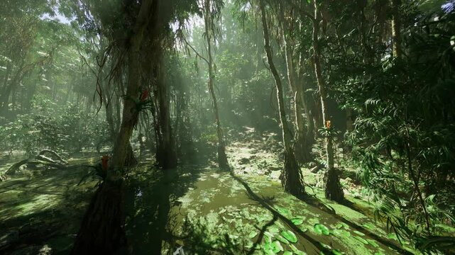 Ancient giant trees pierced by sunshafts, towering trunks and vast root systems create cathedral like canopy, solemn hush and deep green stillness.