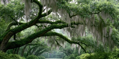 Fototapeta premium Live oak trees draped with spanish moss in a forest