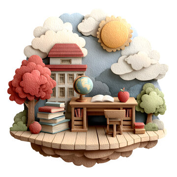 Handcrafted paper pop-up classroom scene with traditional asian architecture and wooden bench