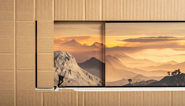 Pixelated mountain range vista at sunrise, a digital art landscape emerging from cardboard packaging