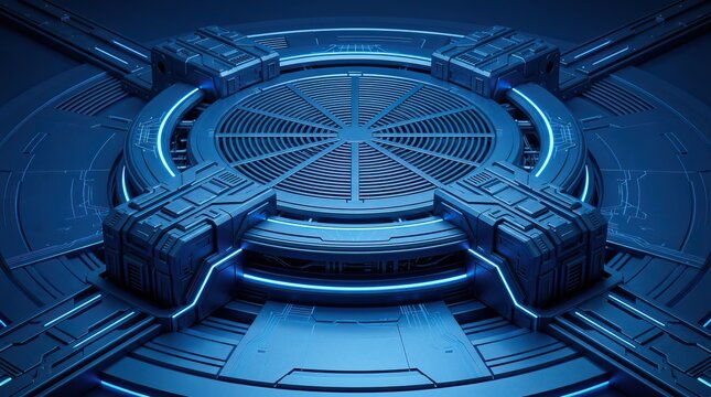 Futuristic sci-fi portal mechanism with blue neon glow technology lines