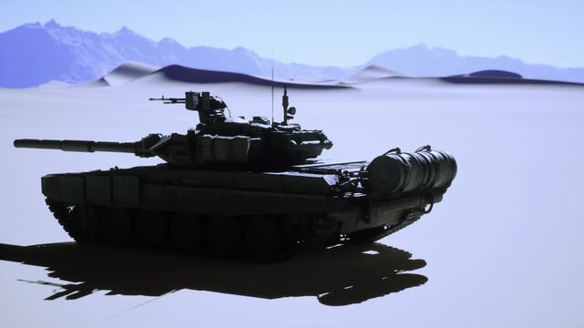 Side profile of tank on sunbaked plain, flank plates and turret rim visible, stillness of machine against pale sand and distant peaks, industrial texture