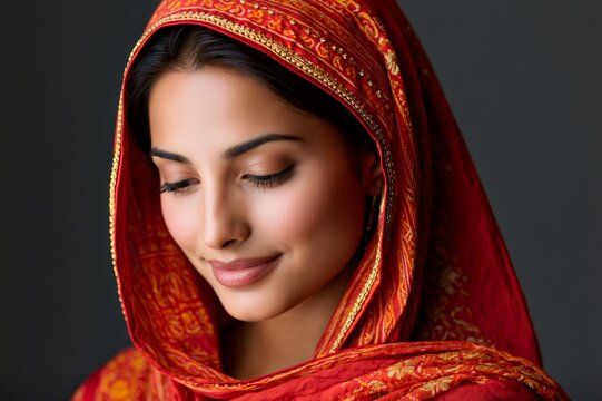 Indian woman wearing traditional red dupatta looking down